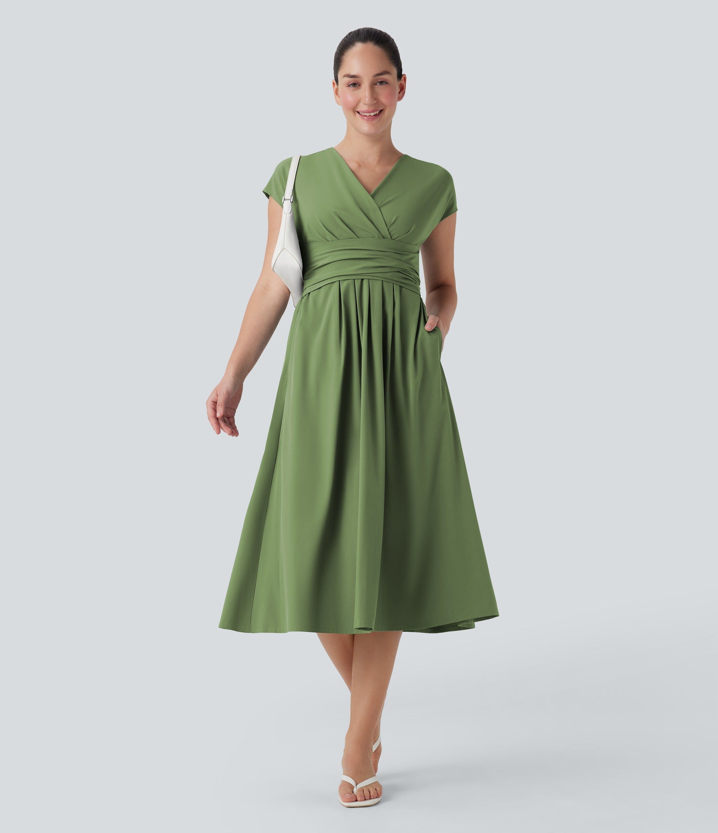 Casual midi dress, V-neck, short sleeves, side pockets, tie-back detail, quick-drying