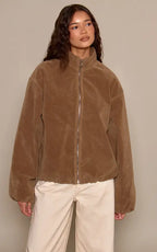 Mushroom Faux Suede Bomber Jacket