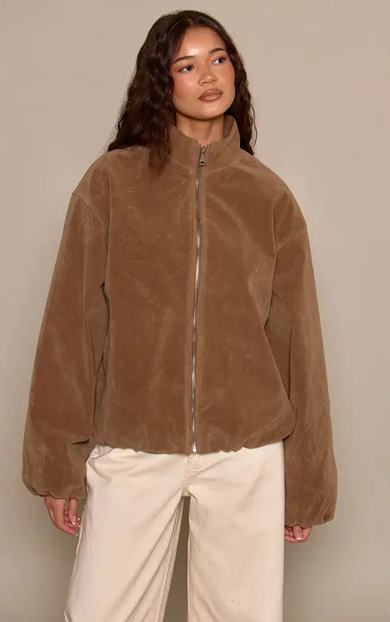 Mushroom Faux Suede Bomber Jacket
