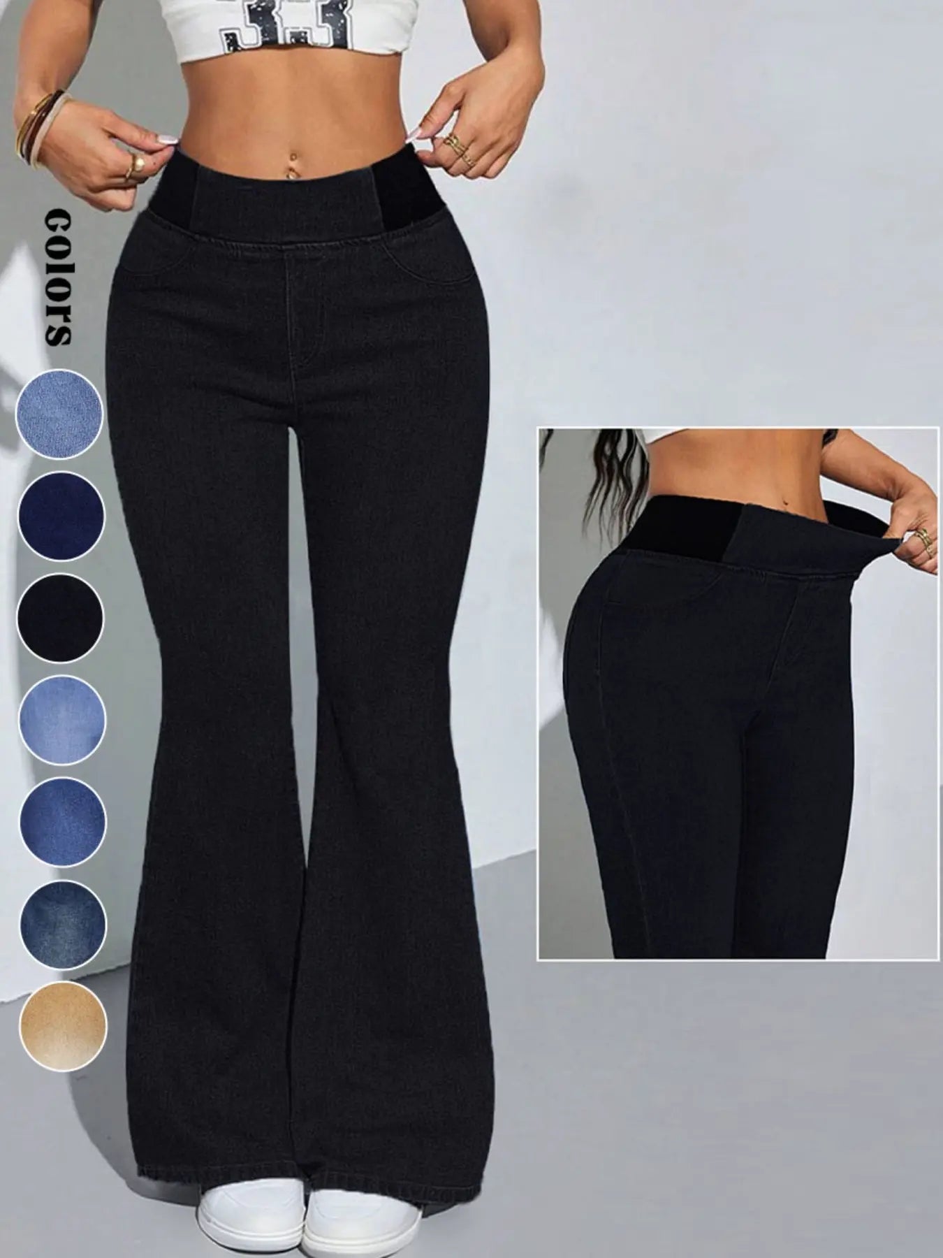 Y2K 2026 Women's Back Shirred Jeans,Mid-Rise Elasticity Waist Flared Jeans,With Pockets,Light Blue Washing Process,Women's Bell-Bottoms Wide-Leg Jeans,Waist - Cinching Design