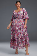 Curveins Plus Size V-Neck Flower Print Pleated Maxi Dress