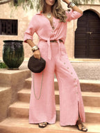 Women's Long Sleeve Loose Fit Shirt Set with Tie Hem, Single Button Decorated Wide Leg Pants, Casual All Season Outfit