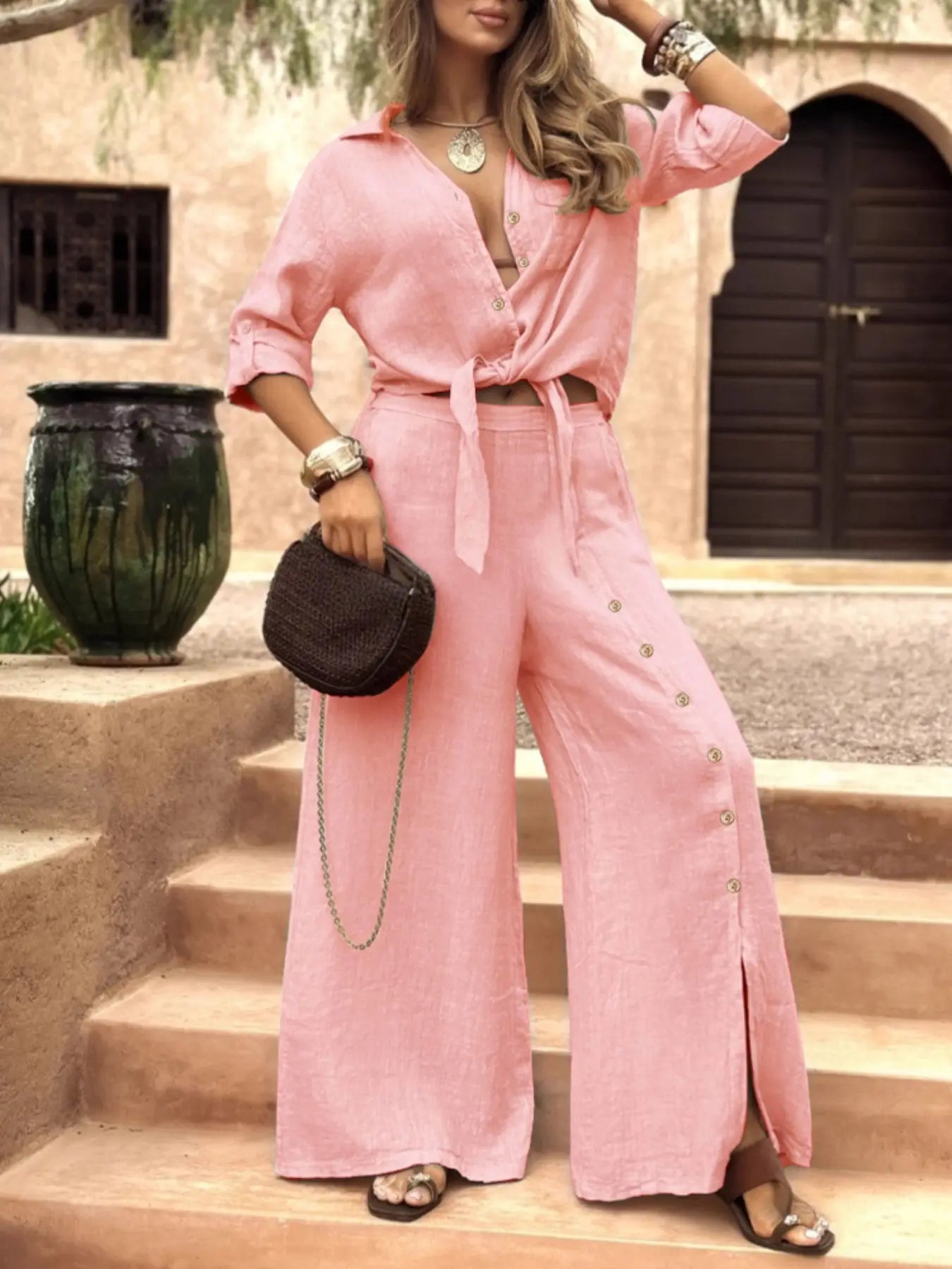 Women's Long Sleeve Loose Fit Shirt Set with Tie Hem, Single Button Decorated Wide Leg Pants, Casual All Season Outfit