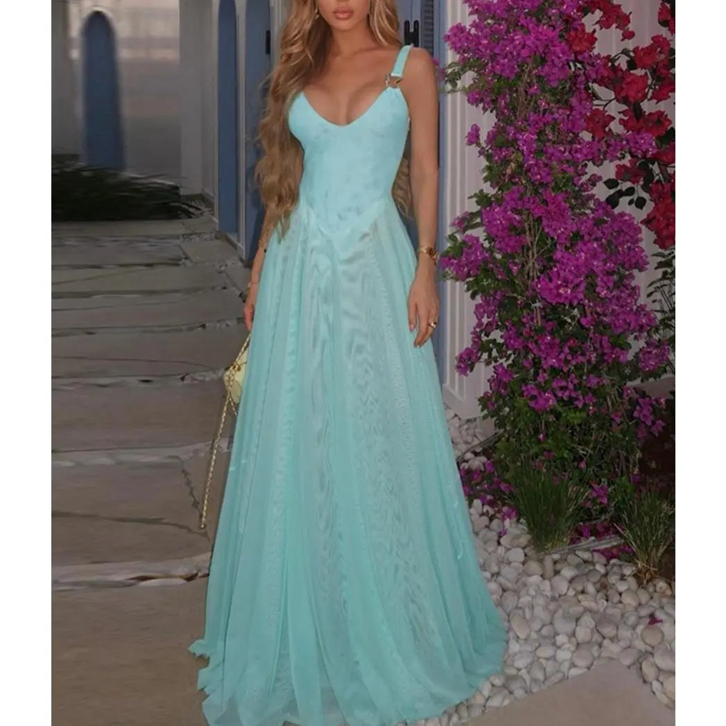 Women's deep V-neck solid tulle camisole dress