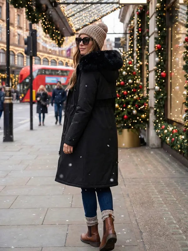 Women's Fall Winter Warm Fashion Mid-Length Parka Coat, Faux Fur Collar Drawstring Waist Belt, Windproof Waterproof Cold-Resistant