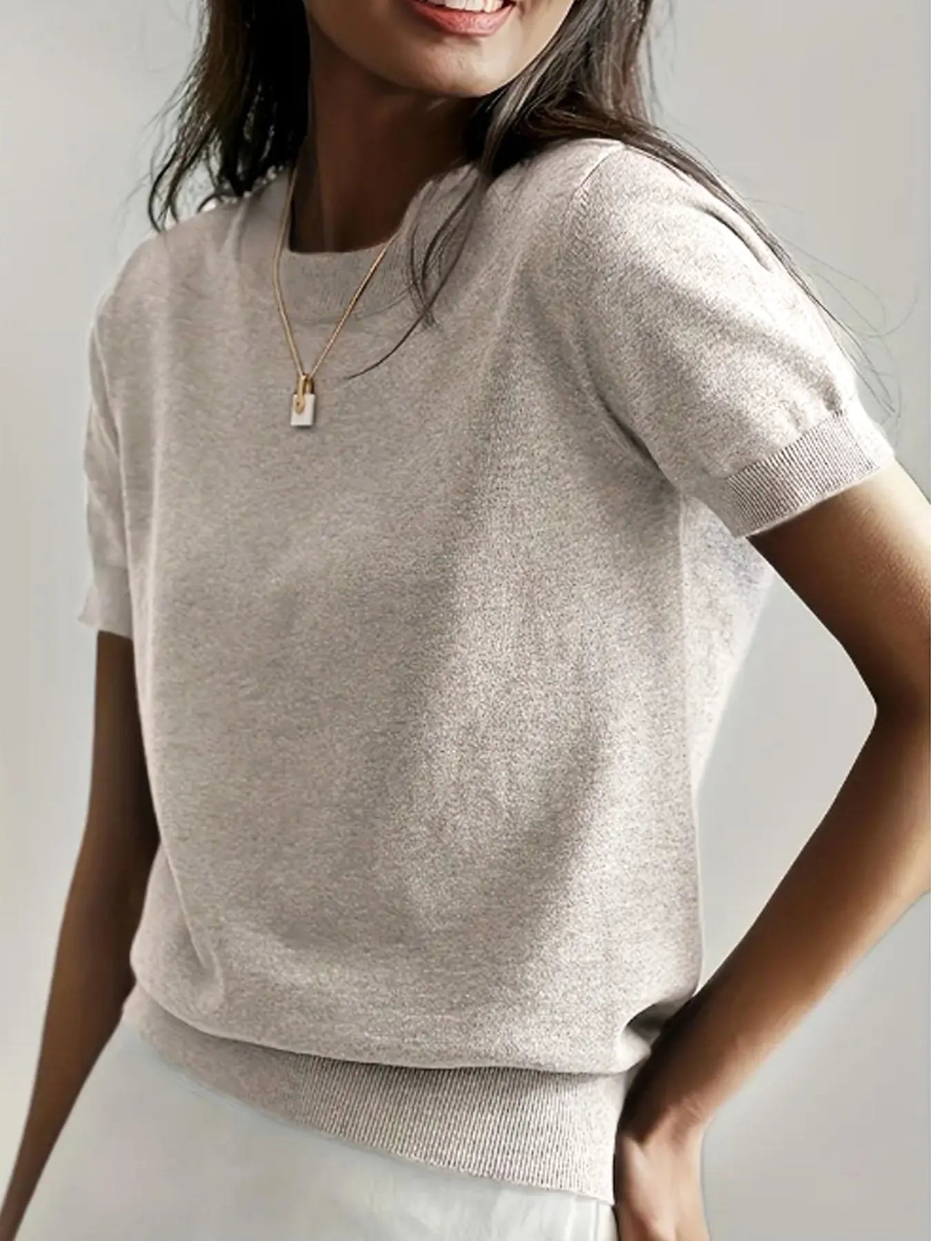 Women's Solid Color Crew Neck Short Sleeve Sweater, Casual Basic Knit Pullover for Spring & Fall, Fashion Women's Knitwear for Daily Wear, Womenswear