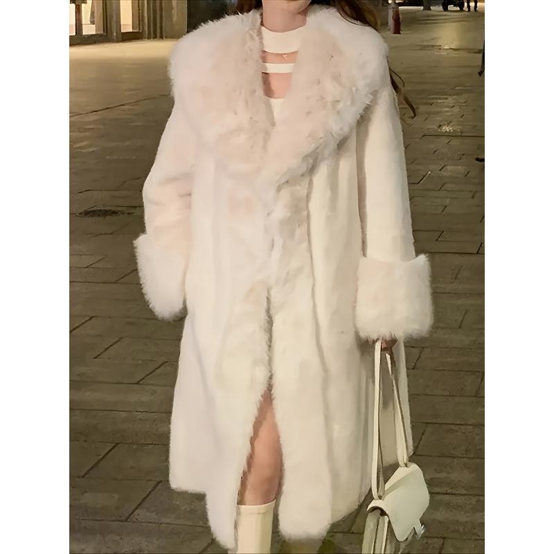 Women's Elegant White Faux Fur Coat High Quality Warm Winter Jacket Dual Purpose for Casual Formal Dinner Long Sleeve Soft Stylish Outerwear Pair with Statement Earrings Womenswear Tops Basic Minimalist winter clothes women winter coats women