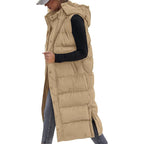 Women's Long Puffer Vest with Quilted Hood and Button Down Closure for Winter Coat 2025 - Tops, Womenswear