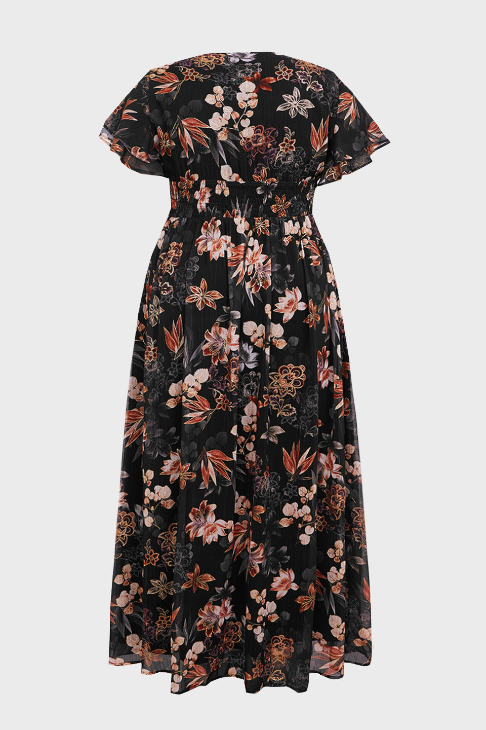 Curveins Plus Size V Neck Batwing Sleeve Floral Print Flowing Maxi Dress