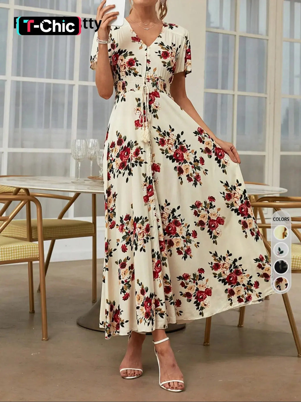 Women's Floral Print Button Front Dress, Boho French Style Short Sleeve Dress for Summer, Women's Clothes for Beach Vacation Holiday