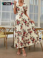 Women's Floral Print Button Front Dress, Boho French Style Short Sleeve Dress for Summer, Women's Clothes for Beach Vacation Holiday