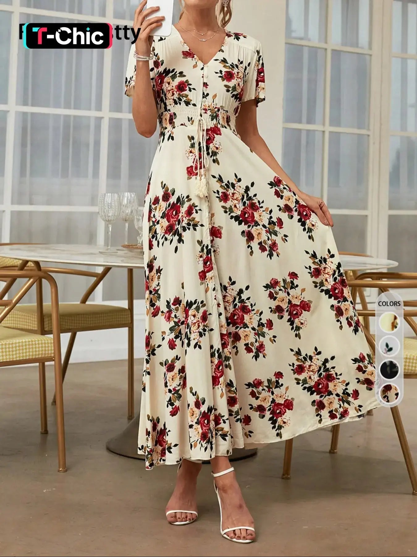Women's Floral Print Button Front Dress, Boho French Style Short Sleeve Dress for Summer, Women's Clothes for Beach Vacation Holiday