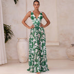 V Neck Green Printed Knotted at Waist Tummy Control One piece Swimsuit and Skirts or Pants