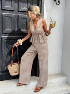 Women's Striped Two-Piece Set: Sleeveless Tie-Waist Top and Relaxed Long Pants — Vintage Bohemian Style, Commuter Outfit