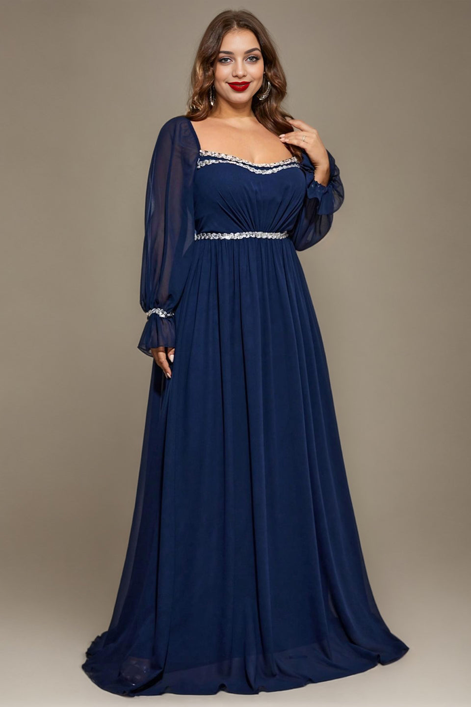Curveins Plus Size Square Neck Long Sleeve Maxi Dress with Ruched Waist