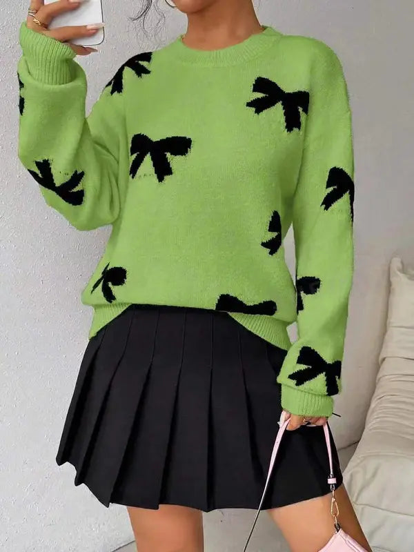 Fashion Bow Print Casual Basic Loose Knitted Sweater Pullover Autumn/Winter Women Pullovers New O-Neck Full Sleeve Knit Sweater