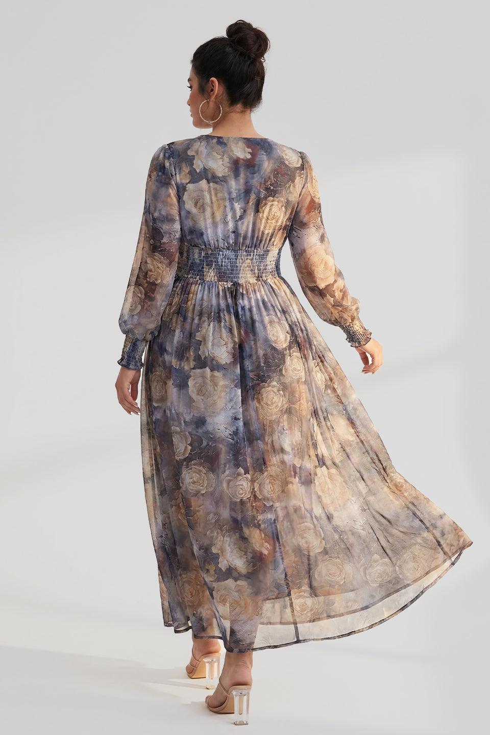 Curveins Plus Size V Neck Long Sleeve Floral Waist Maxi Dress