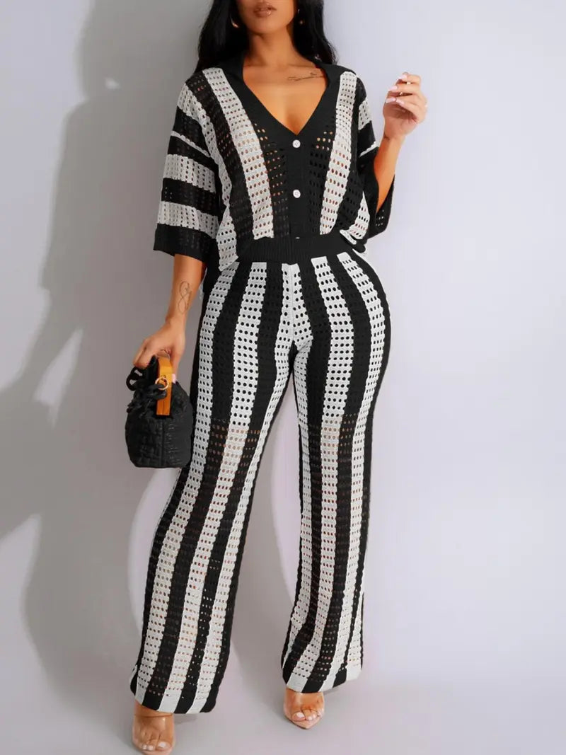 Women's Color-Block Striped Cutout Button-Front Top & Wide-Leg Pants Two-Piece Set
