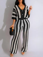 Women's Color-Block Striped Cutout Button-Front Top & Wide-Leg Pants Two-Piece Set