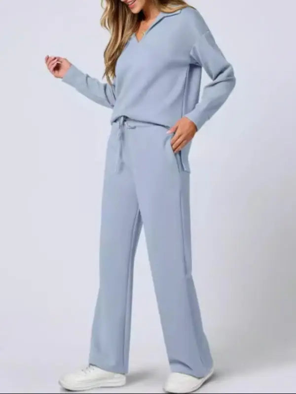 Women's Long Sleeve Drawstring Pants Set, Casual Fall Winter, Fashionable Pure Color Commuter Wear, Style