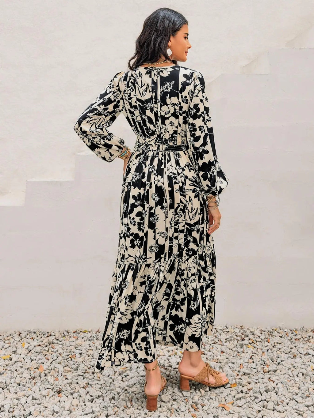 Women's Boho Floral Print Lantern Sleeve Dress, Fitted Waist Tie Design, Loose Fit Comfortable Casual Long Sleeve Dress for Fall Winter