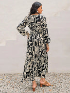 Women's Boho Floral Print Lantern Sleeve Dress, Fitted Waist Tie Design, Loose Fit Comfortable Casual Long Sleeve Dress for Fall Winter