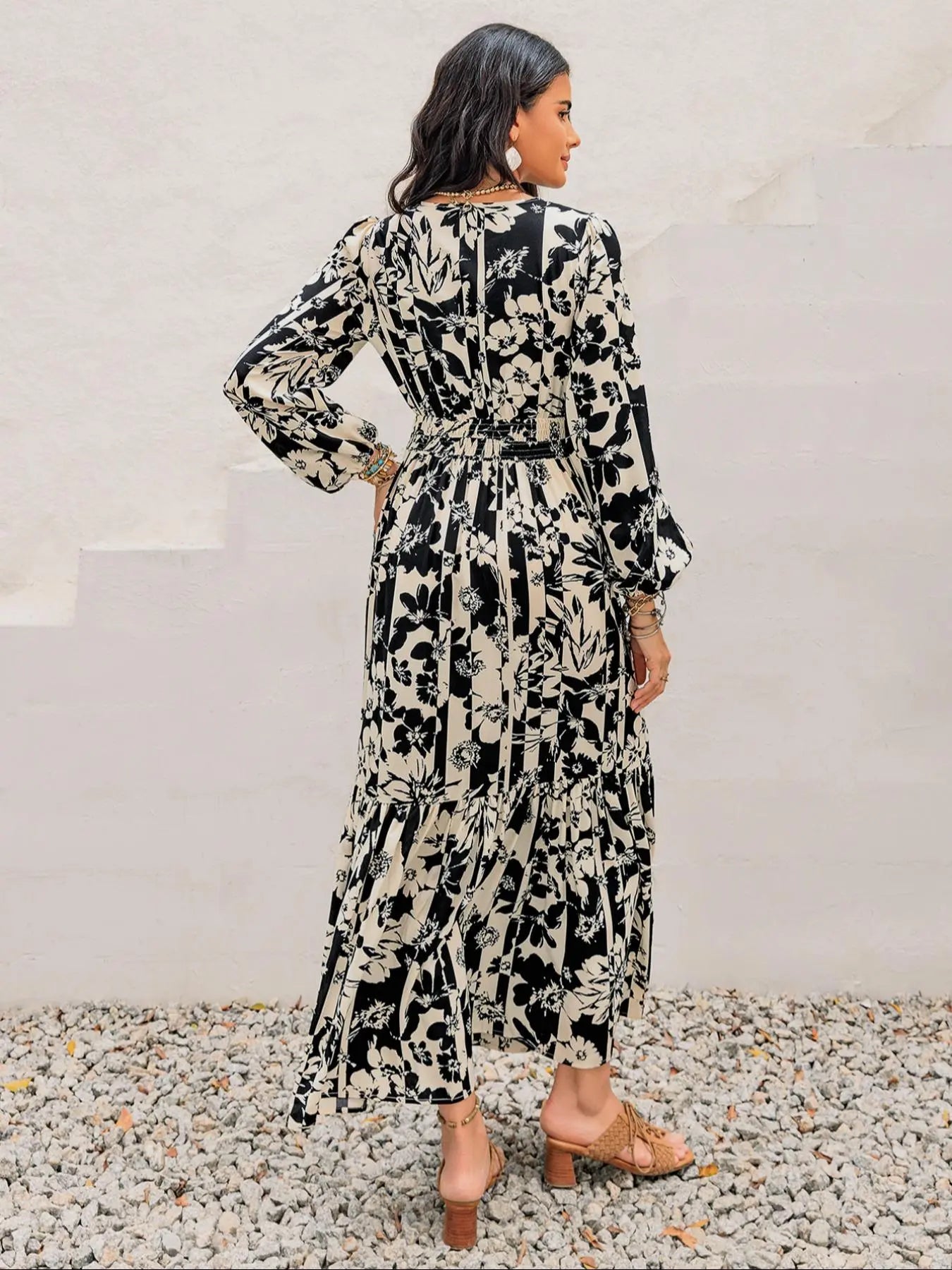 Women's Boho Floral Print Lantern Sleeve Dress, Fitted Waist Tie Design, Loose Fit Comfortable Casual Long Sleeve Dress for Fall Winter