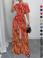 Women's All Over Print Tie Front   Jumpsuit, Casual Asymmetrical Neck   Jumpsuit for Spring & Fall, Women's Clothes for Daily Wear