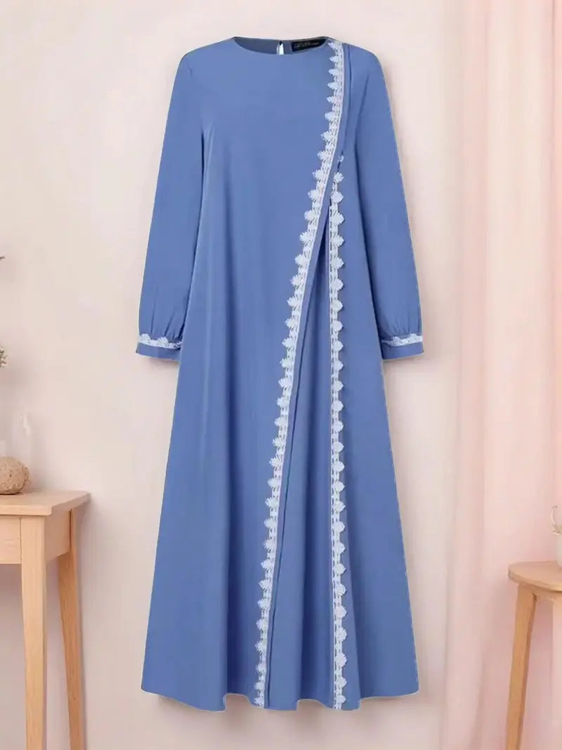 Women's Fashion Long Sleeve Round Neck Solid Color Casual Dress, Elegant Lace Trim Robe Style, Perfect for Daily Wear & Special Occasions
