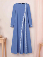 Women's Fashion Long Sleeve Round Neck Solid Color Casual Dress, Elegant Lace Trim Robe Style, Perfect for Daily Wear & Special Occasions