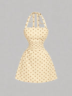 Women's Plain Ruched Tie Back Halter Neck Dress