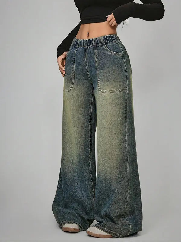 Women's High Waisted Casual Pants, Loose Wide Leg Jeans with Pockets, Elastic Waist, Button Front, All Seasons, Daily Wear