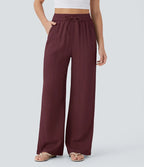Casual High-Waisted Linen Trousers with Drawstring and Wide Pockets