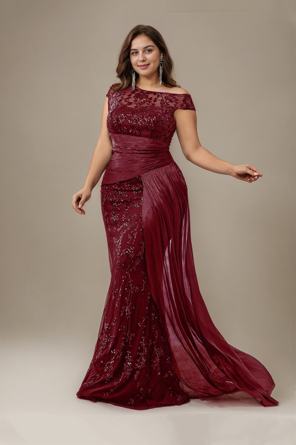 Curveins Plus Size One Shoulder Sleeveless Embroidered Sequin Patchwork Bodycon Maxi Dress
