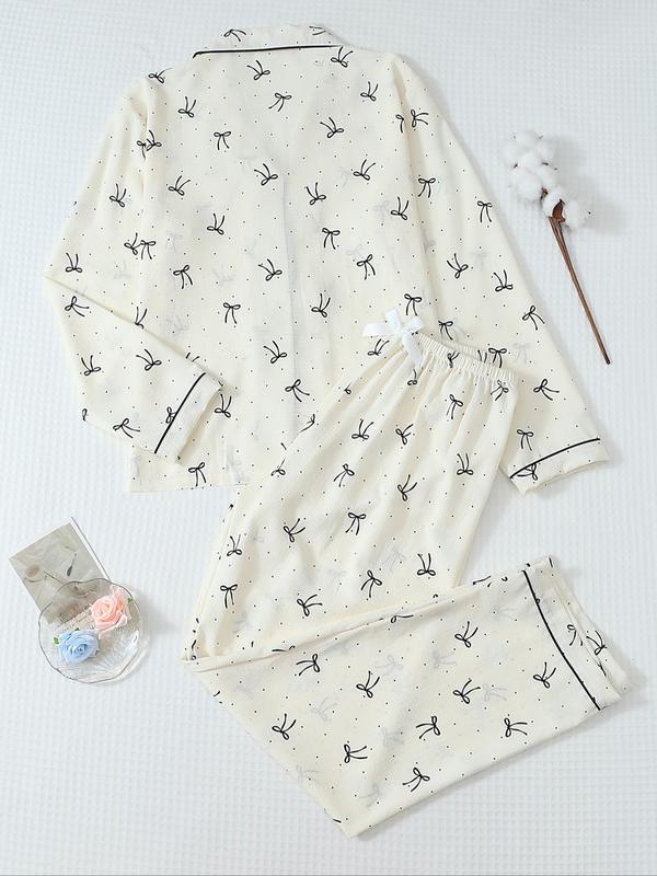 Women's Striped Bow Print Long Sleeve Pajama Set, Sweet Cute Button Front Top and Pants, Casual Home Wear for All Seasons