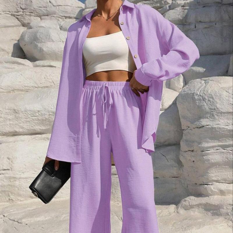 Women's Solid Button Front Shirt & Tie Front Wide Leg Pants Two-piece Set, Casual Drop Shoulder Long Sleeve Blouse Top & Trousers 2 Piece Set for Spring & Fall, Women's Clothes for Daily Wear Womenswear Suits Apricot Basic Minimalist