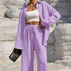 Women's Solid Button Front Shirt & Tie Front Wide Leg Pants Two-piece Set, Casual Drop Shoulder Long Sleeve Blouse Top & Trousers 2 Piece Set for Spring & Fall, Women's Clothes for Daily Wear Womenswear Suits Apricot Basic Minimalist