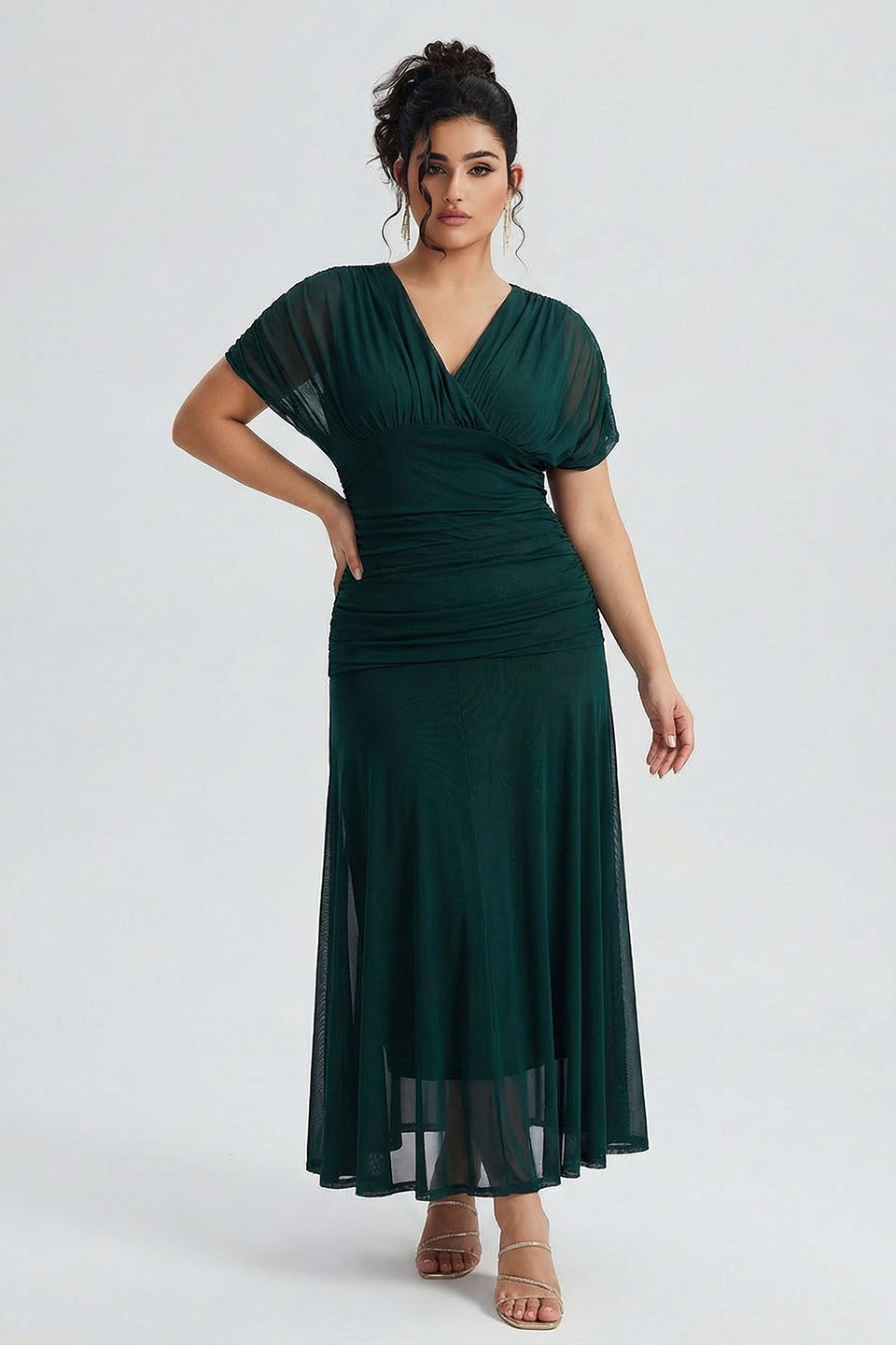 Curveins Plus Size V Neck Batwing Sleeve Cinched Waist Maxi Dress