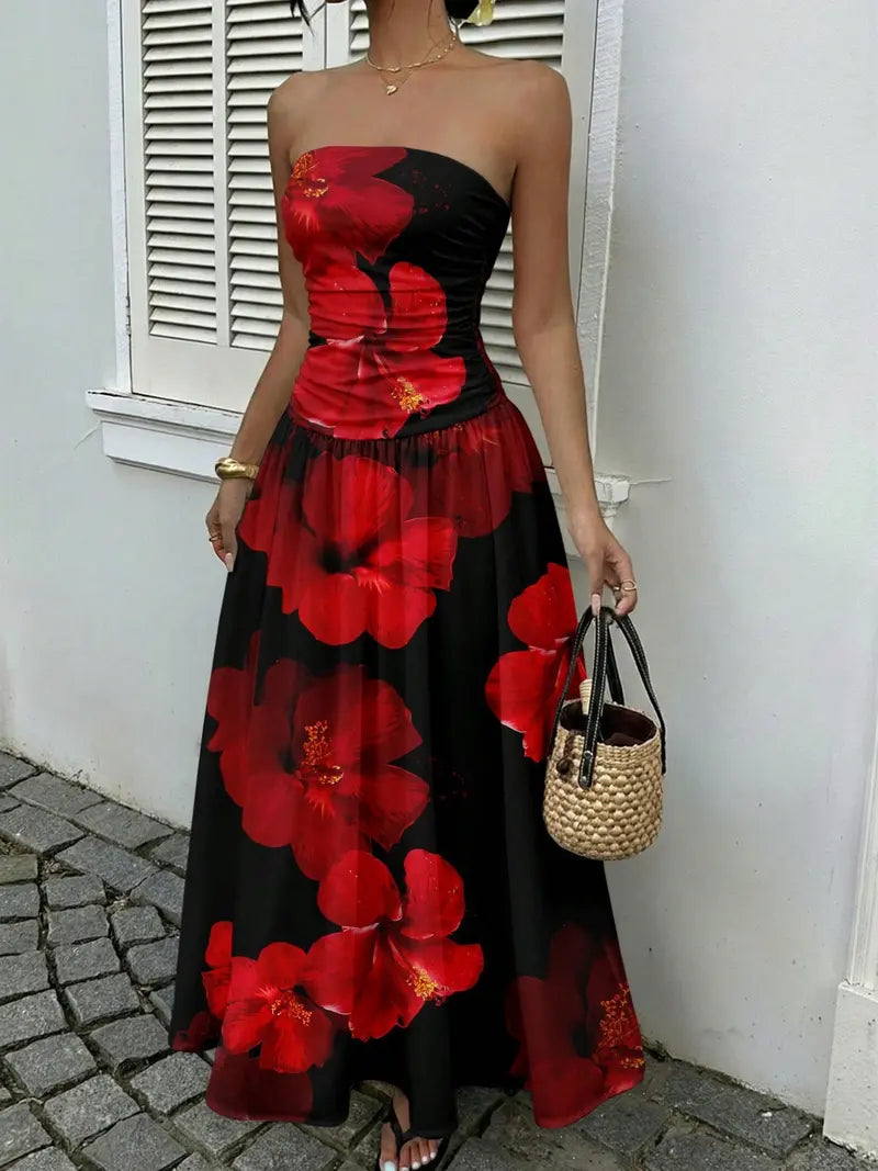 Women's Elegant Fashion Polka Dot Strapless Dress, Stylish Sleeveless Maxi Dress for Parties and Casual Wear Womenswear, Elegant Evening Dress