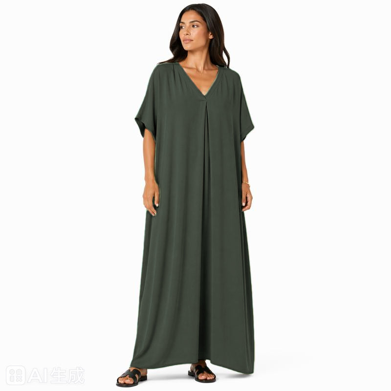 Women's oversized flowy V-neck maxi dress, chic and comfortable for summer, in a light and soft fabric for all occasions