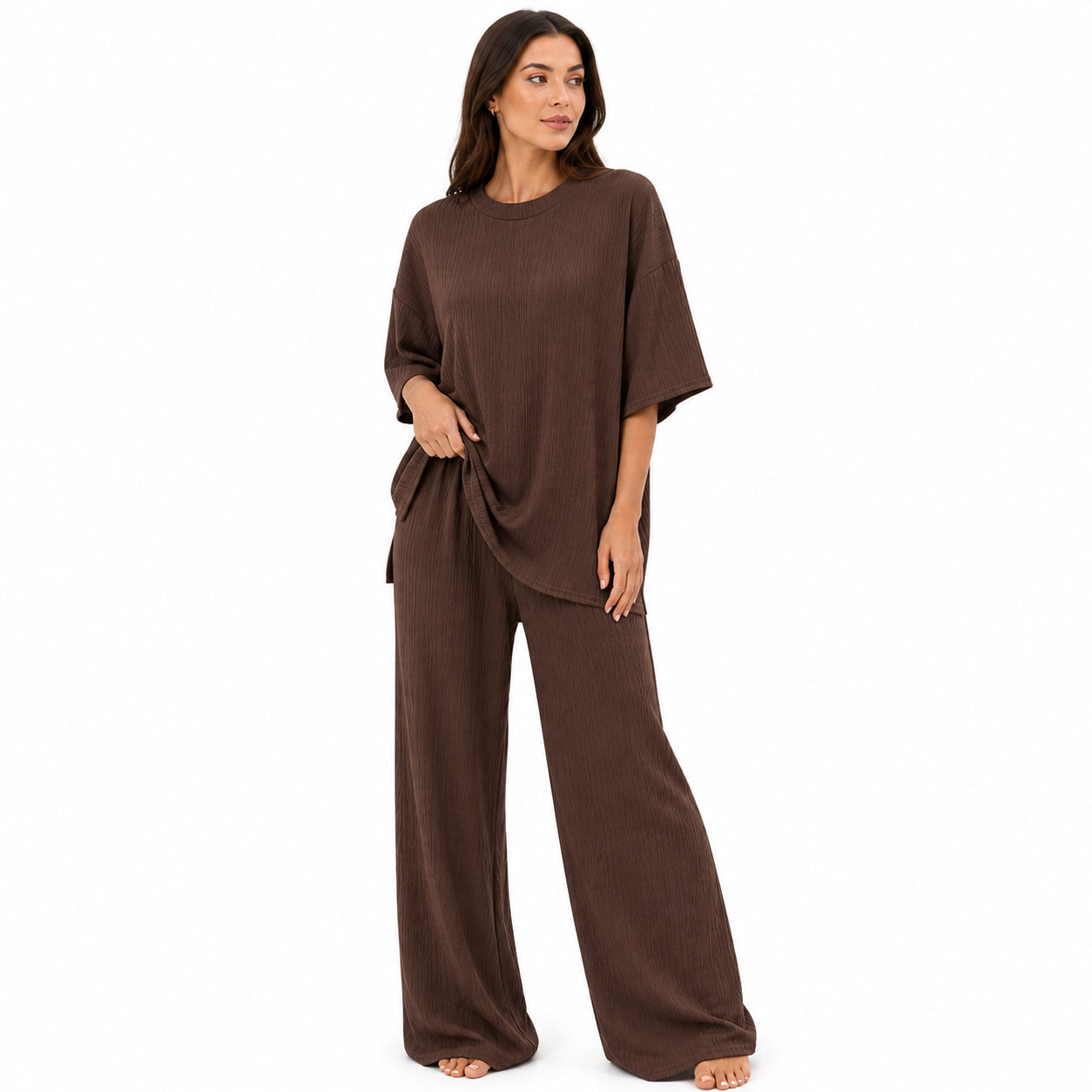 Ensemble Femme Chic Texturé – T-shirt & Pantalon Fluide