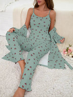 Cherry Print Women's Nightgown Set + Strap Pants