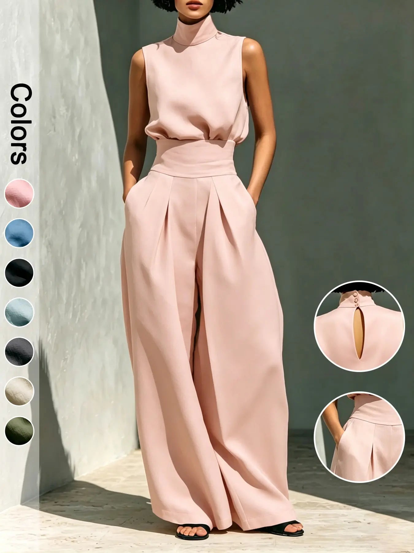 Women's Two-Piece Set High Neck Sleeveless Top and Long Pants, Elegant Style High Waist Wide Leg Pants Set, Fashionable Ladies