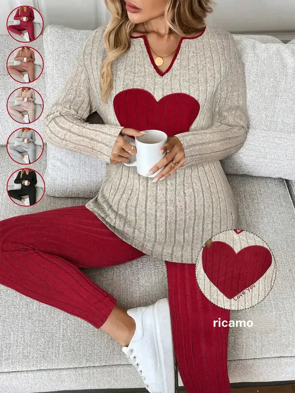 2pcs/Set Women's Casual  Plush Rib-Knit Long Sleeve T-Shirt And Leggings Suit, Autumn/Winter