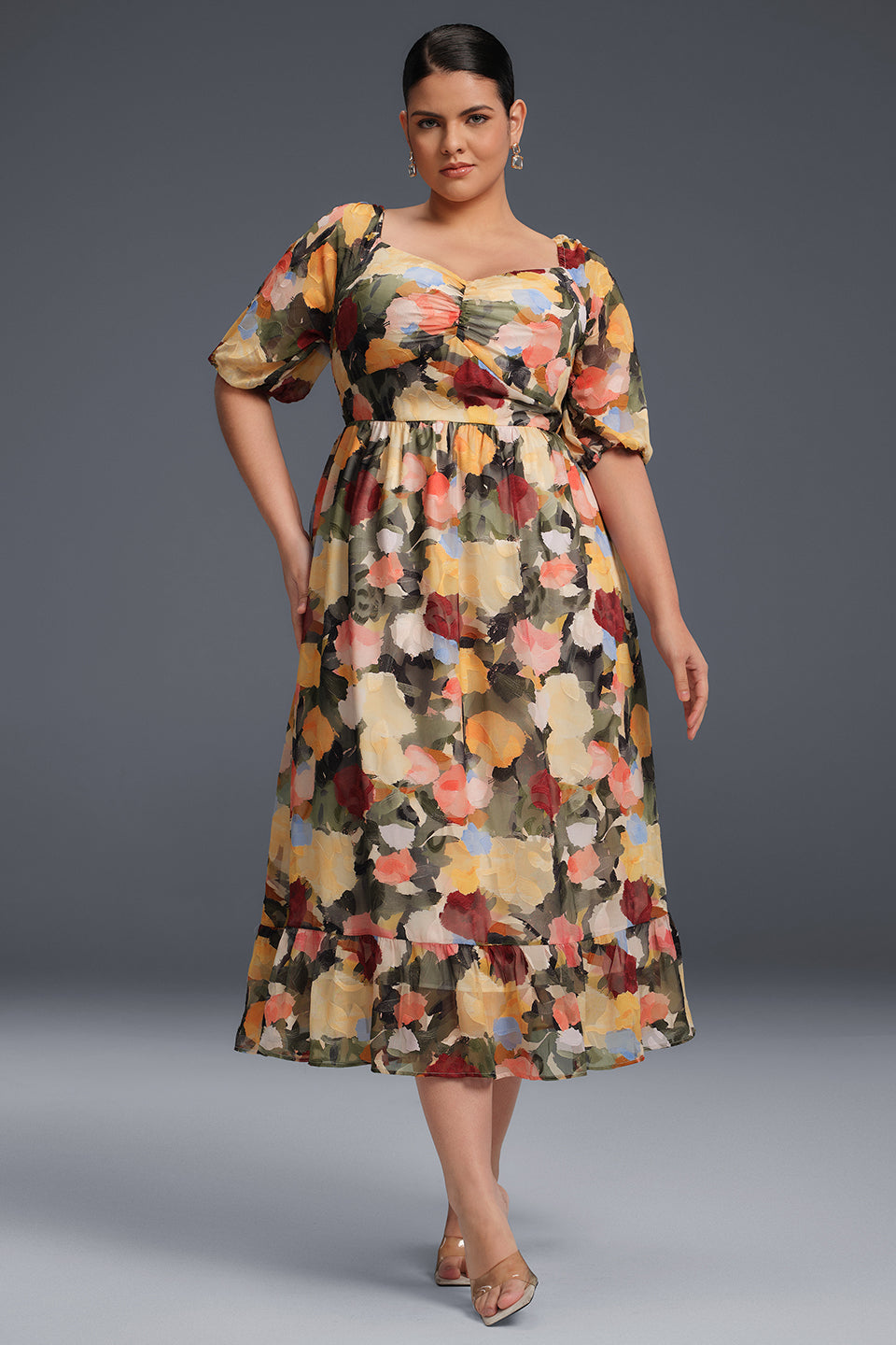 Curveins  Plus Size Draped Collar Foral Maxi Dress