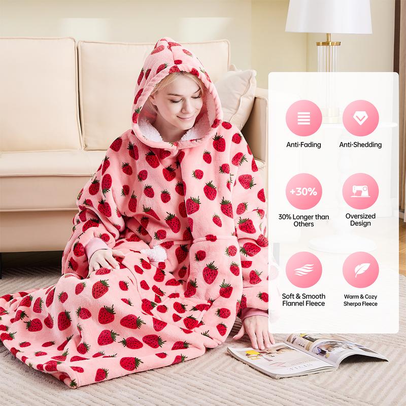 Wearable Blanket Hoodie Oversized Sherpa Fleece Hooded Sweatshirt Blanket with Sleeves,Cozy and Giant Blanket Hoodie Extra Long for Adults Women Winter Gift (Strawberry)