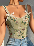 Women's Floral Print Adjustable Lace Up Corset Structure Shapewear Tank Top, Fashionable Bow Decor Shapewear Top for Daily Wear, Tummy Control Shaper for Women