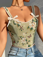 Women's Floral Print Adjustable Lace Up Corset Structure Shapewear Tank Top, Fashionable Bow Decor Shapewear Top for Daily Wear, Tummy Control Shaper for Women