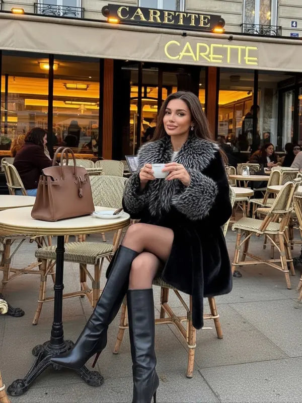 Women's Winter Fashion Faux Fur Coat, Vintage Loose Fit Long Sleeve Jacket, Large Fur Collar, Daily Wear Outerwear