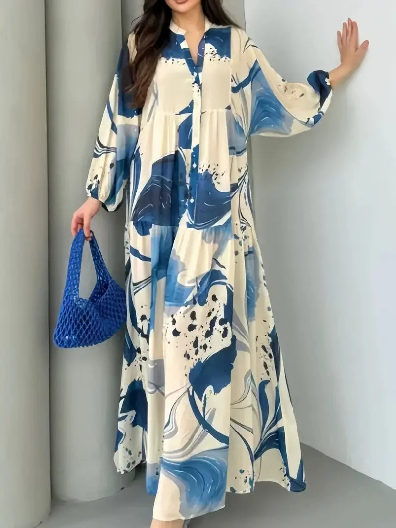 2026 New Floral Long Sleeve Dress, Versatile V-Neck Casual Maxi Dress, Loose Fit Elegant Style for Women